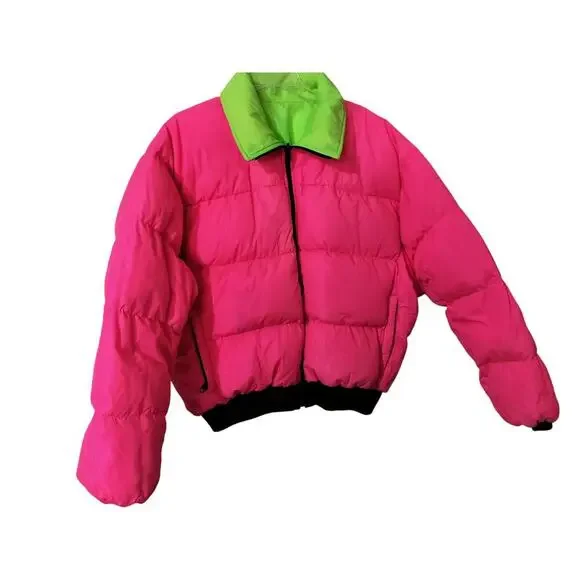 M532)Vtg Columbia Men's (Unisex) Down Puffer Reversible Neon  Zip Jacket Size XL - Picture 10 of 10